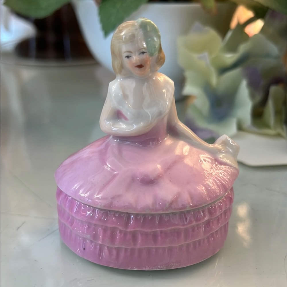 Vintage German Glazed Bisque Miniature Lady In A Pink Dress Trinket Box.